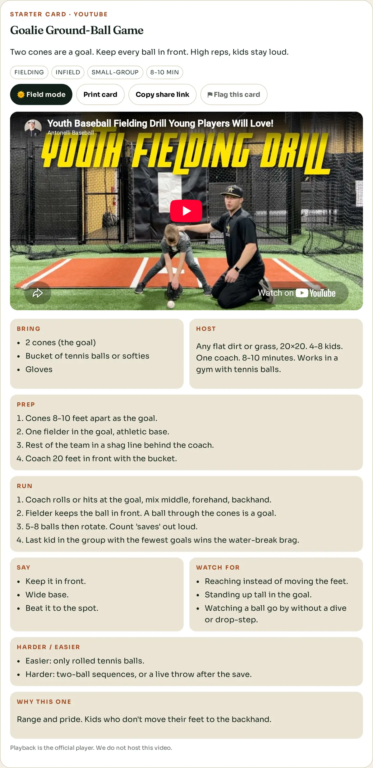 A full Saturday drill card showing Bring, Host, Prep, Run, and Say sections