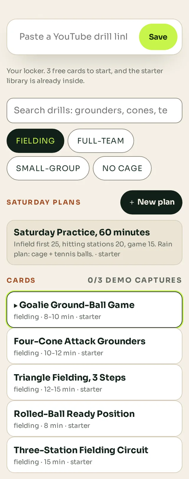 The locker list with saved drill cards and search filters